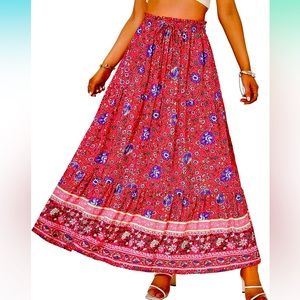 Red floral Boho A-line Ankle Maxi Skirt